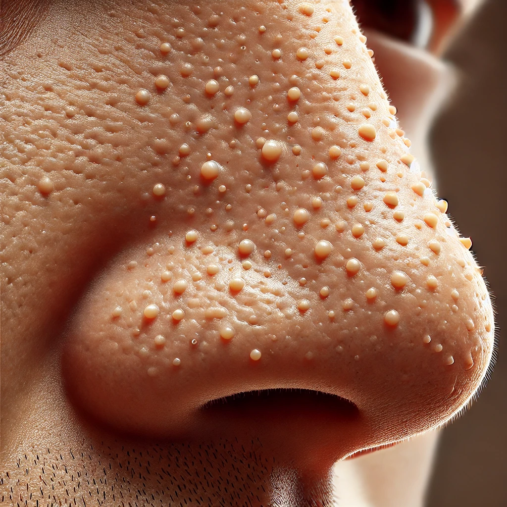 Close-up view of blackheads on the nose caused by clogged pores.