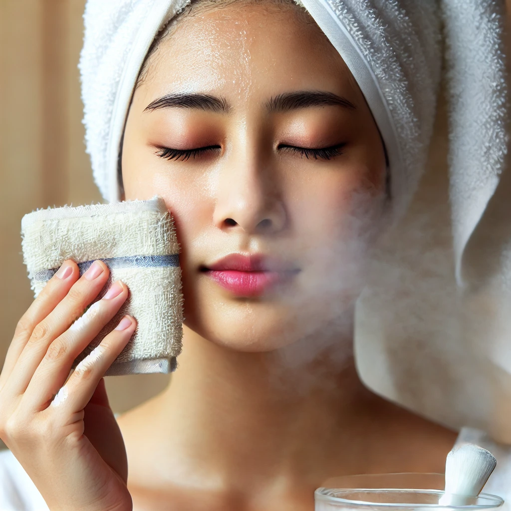 Woman using steam treatment to open pores for blackhead removal.