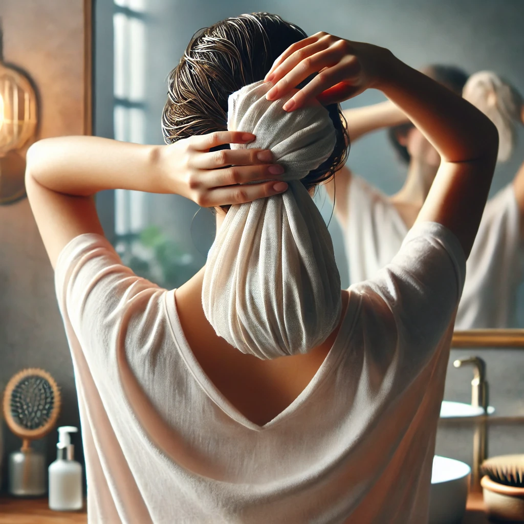 Drying hair with a cotton T-shirt.